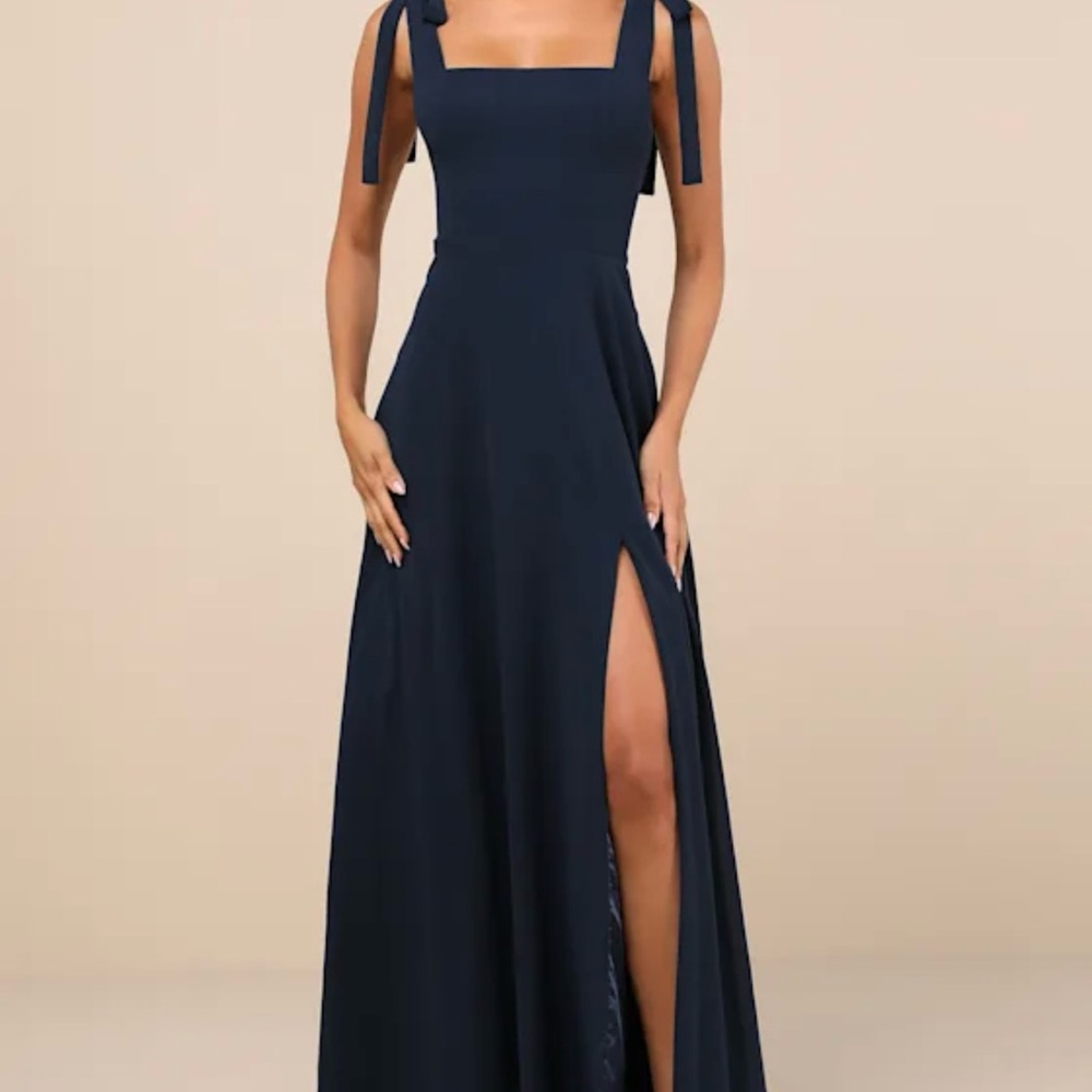 Lulu's Blue Maxi Sundress with Slit and Square Neckline